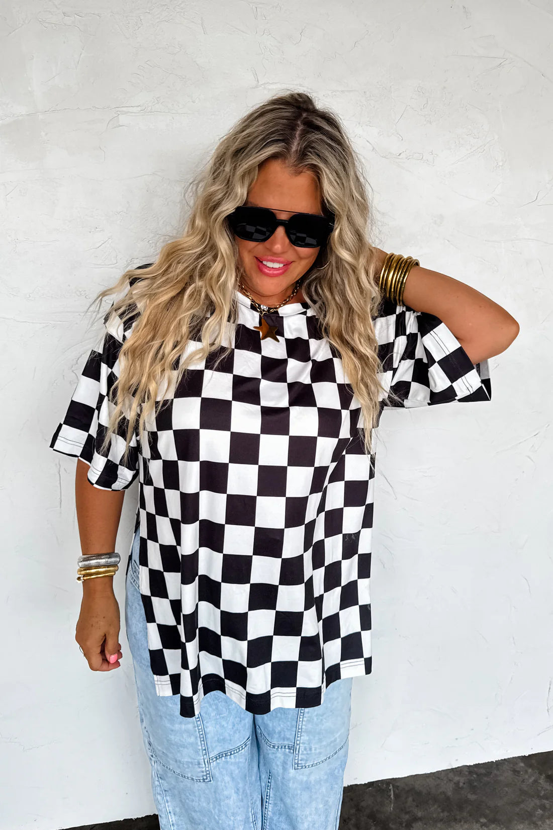 Black/White Checkered Top with slit sides