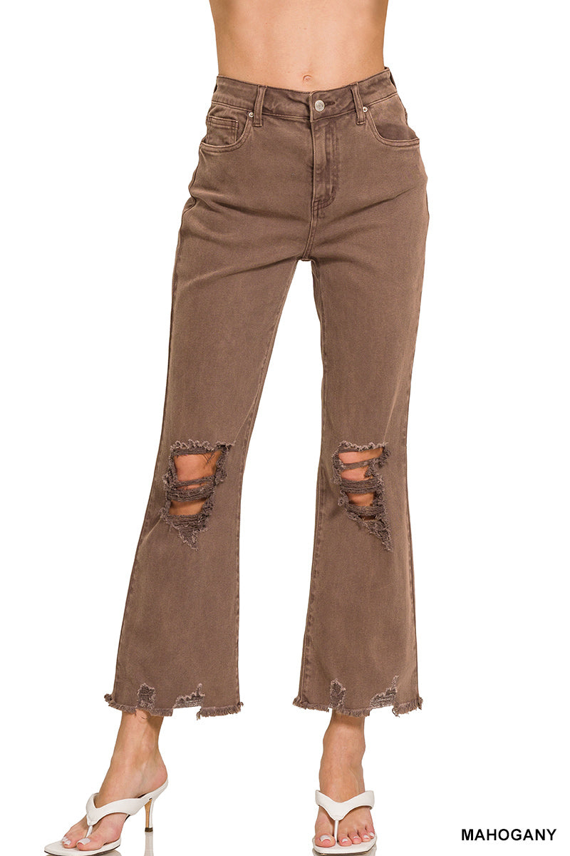ZENANA ACID WASHED HIGH WAIST DISTRESSED STRAIGHT PANTS