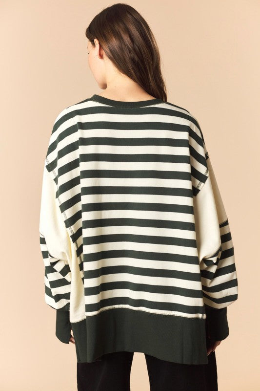 Hunter Green/Ivory Striped French Terry Pullover