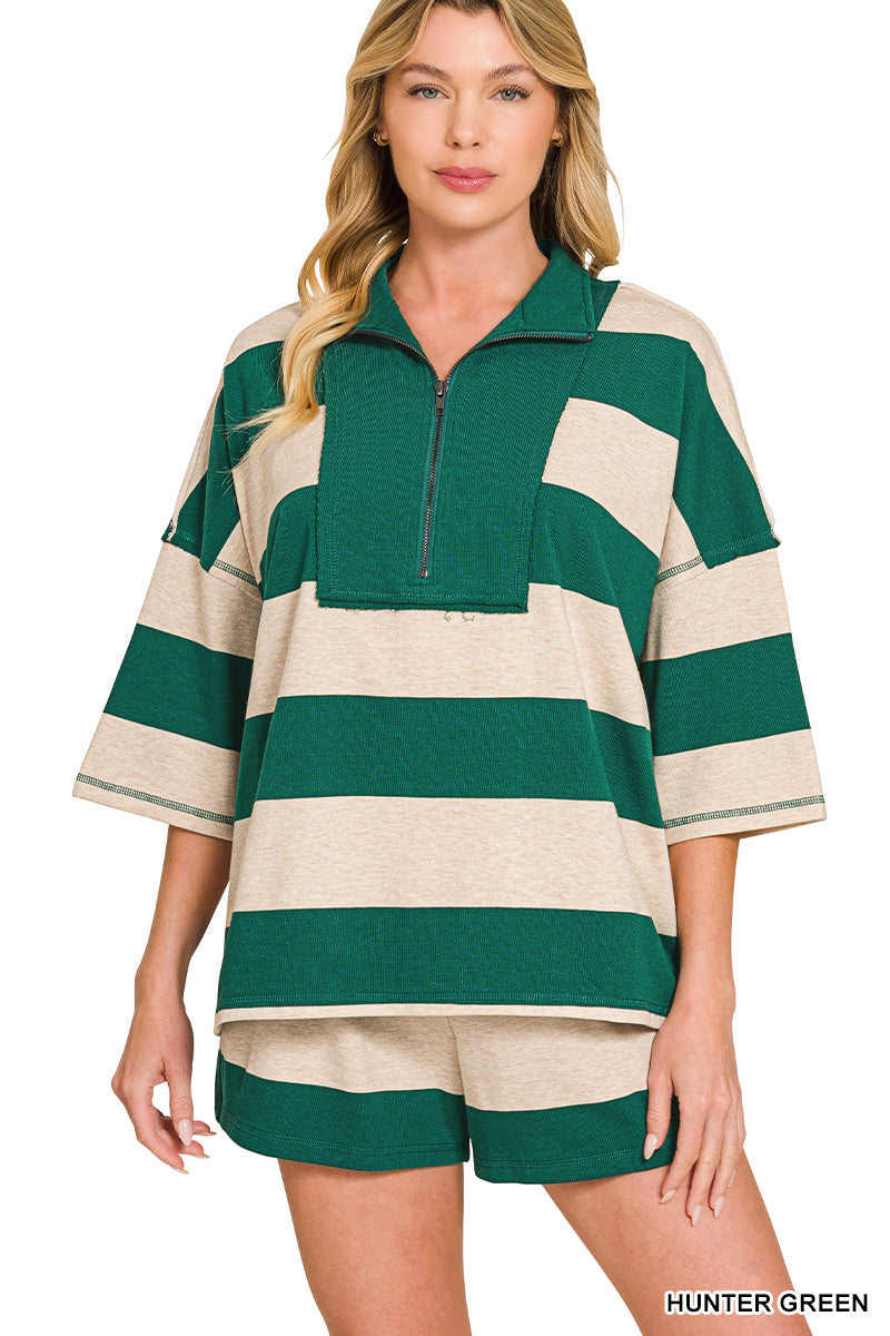 ZENANA TERRY STRIPED HALF ZIP HIGH NECK TOP & SHORTS SET