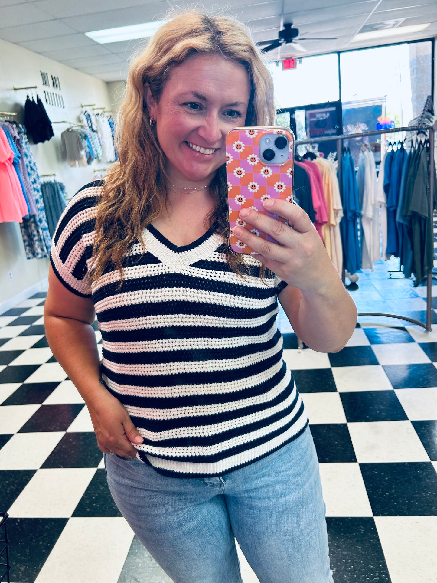 Blu Pepper Navy Striped Crochet Top