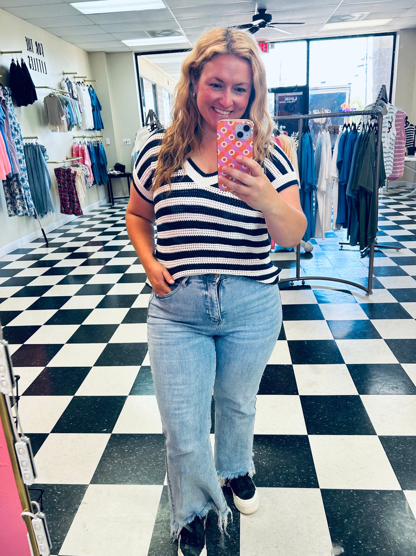Blu Pepper Navy Striped Crochet Top