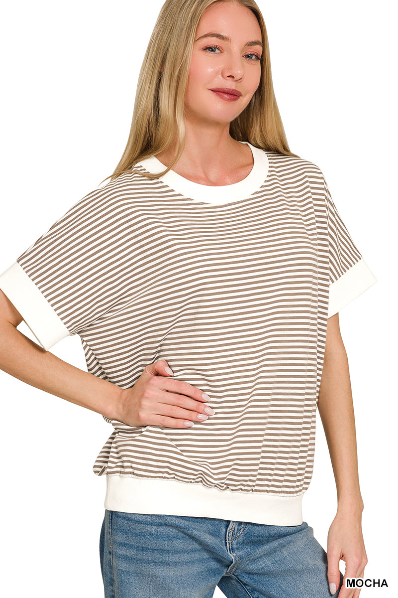ZENANA STRIP TRIM RIB BANDED TOP