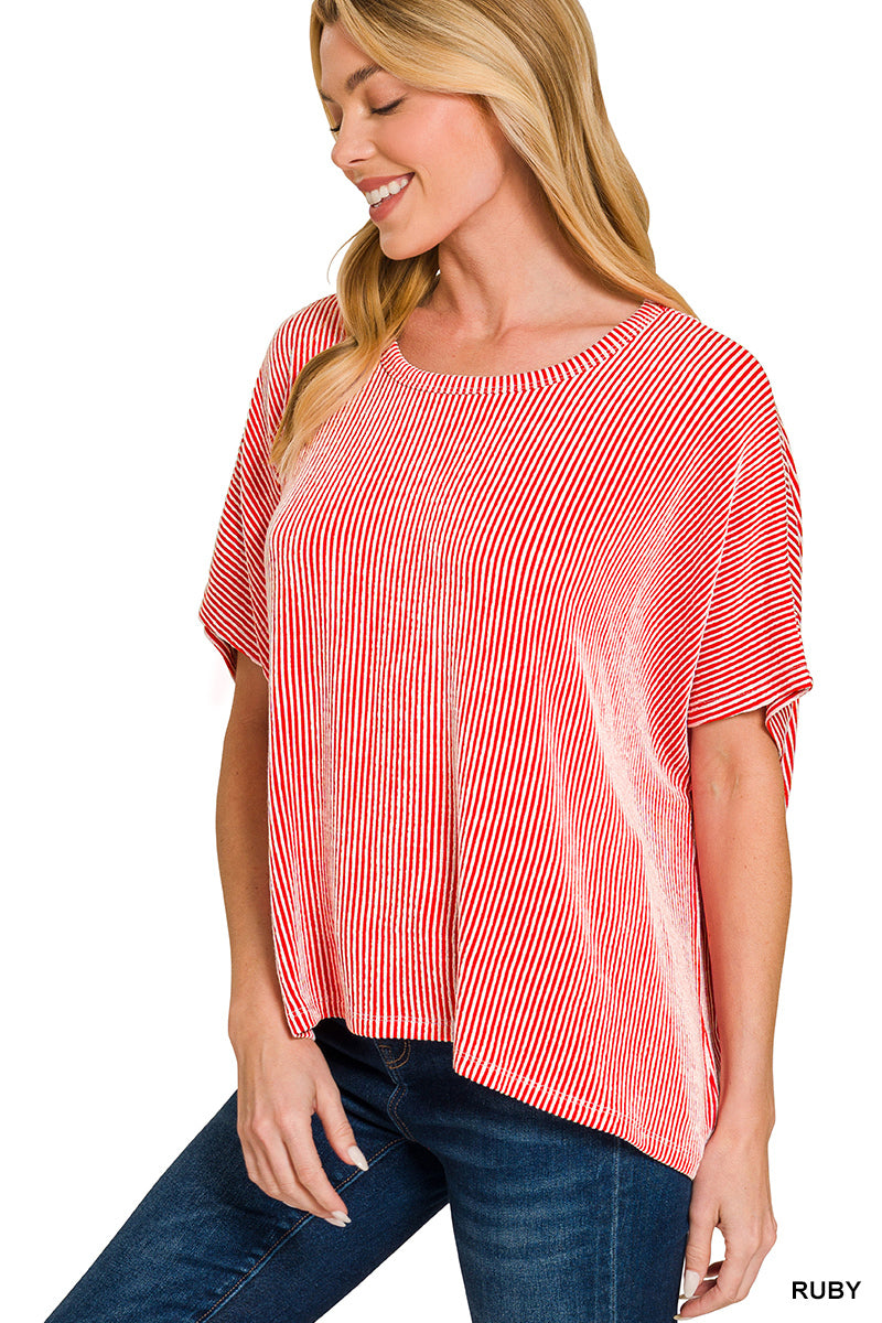 ZENANA RIBBED STRIPED OVERSIZED SHORT SLEEVE TOP