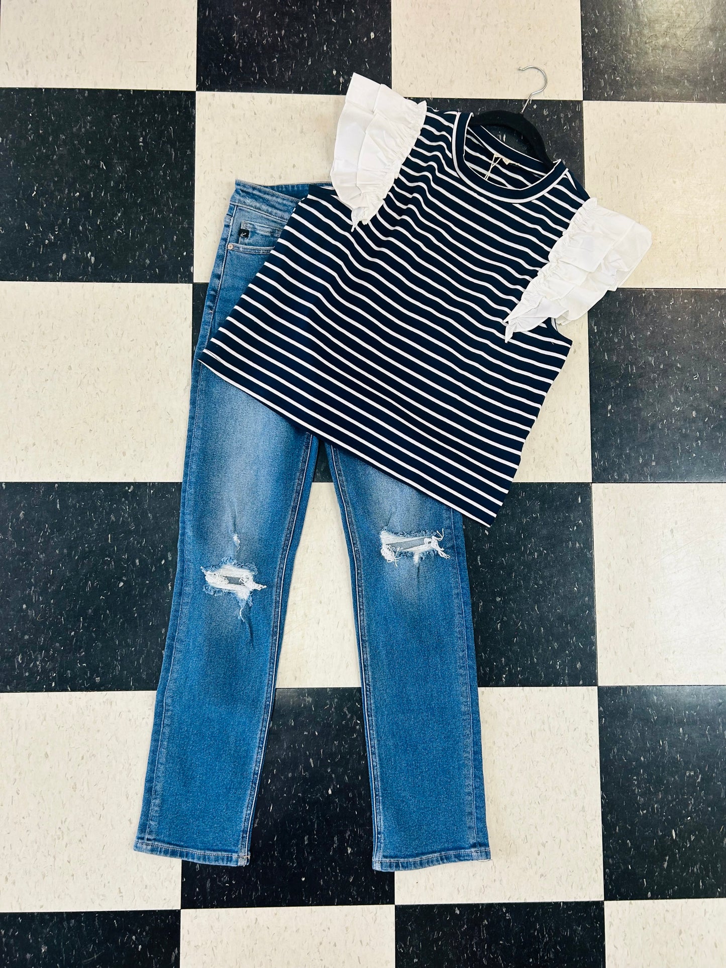Navy Striped Flutter Sleeve Top