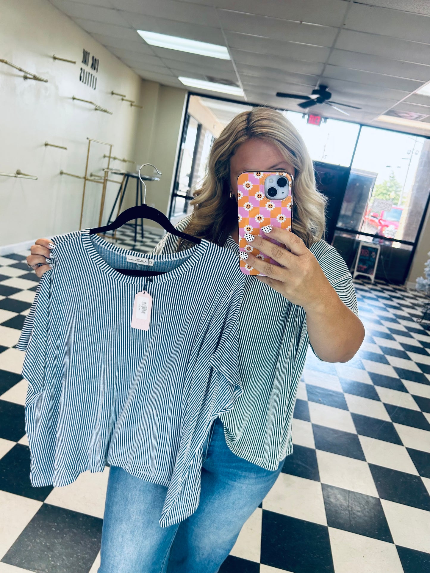 ZENANA RIBBED STRIPED OVERSIZED SHORT SLEEVE TOP