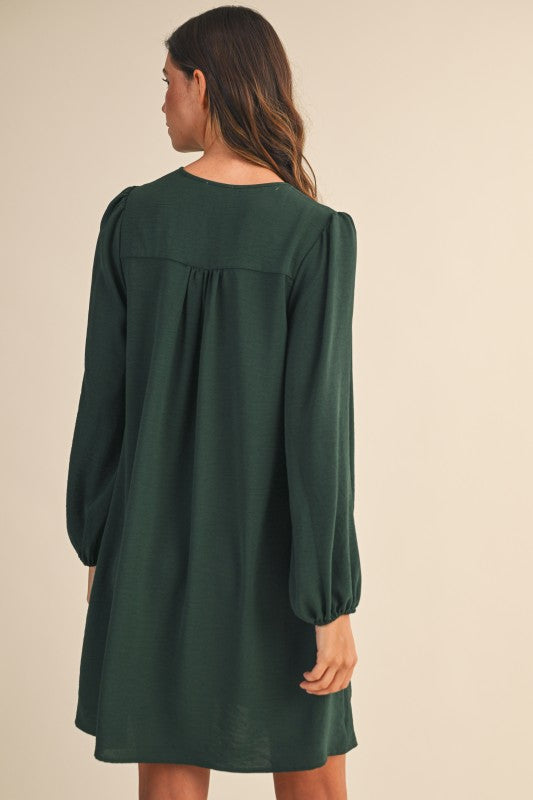 Hunter Green Pintuck Detail Front Tie Dress