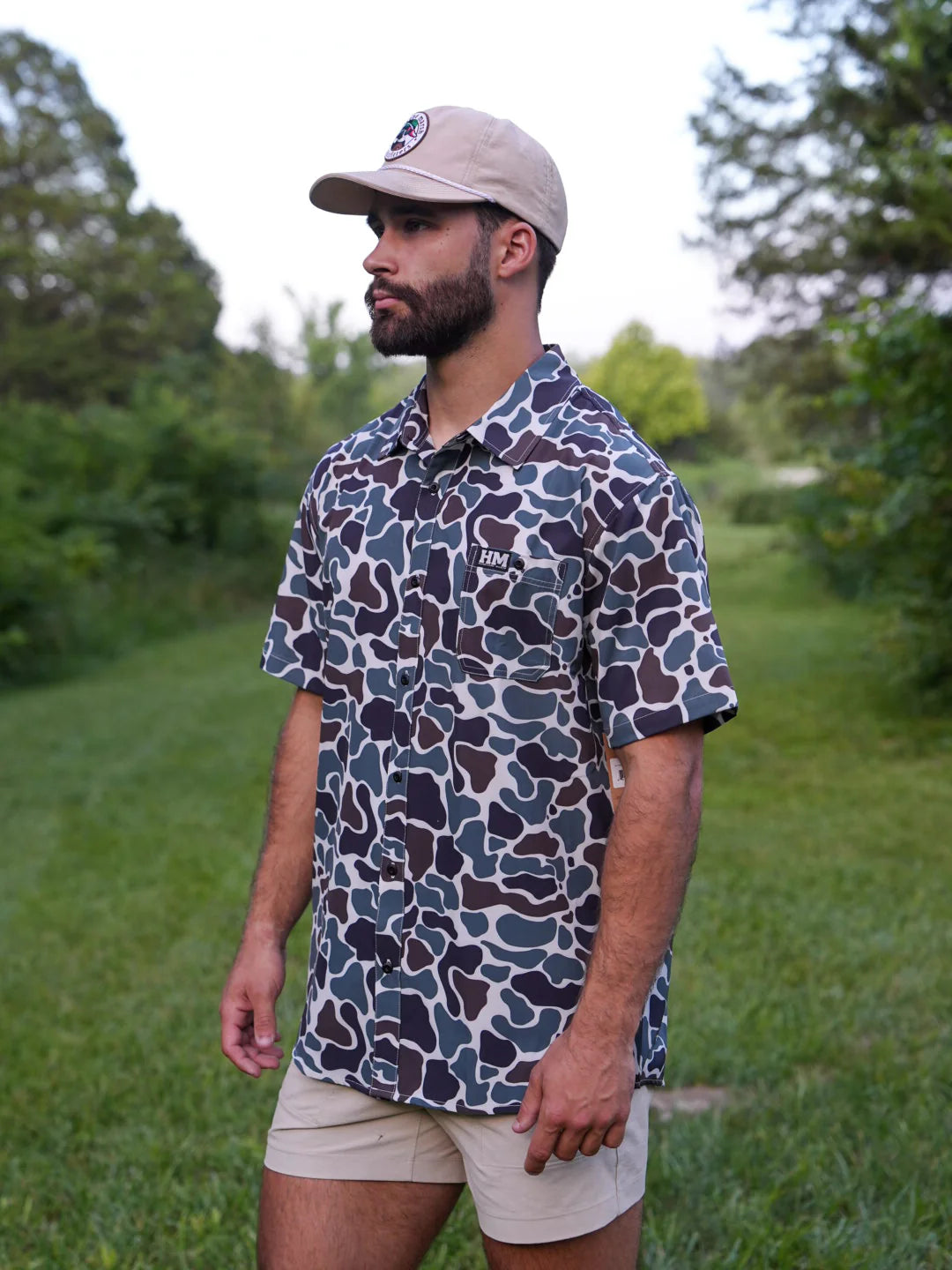 HM Earth Camo Button Up Performance Short Sleeve