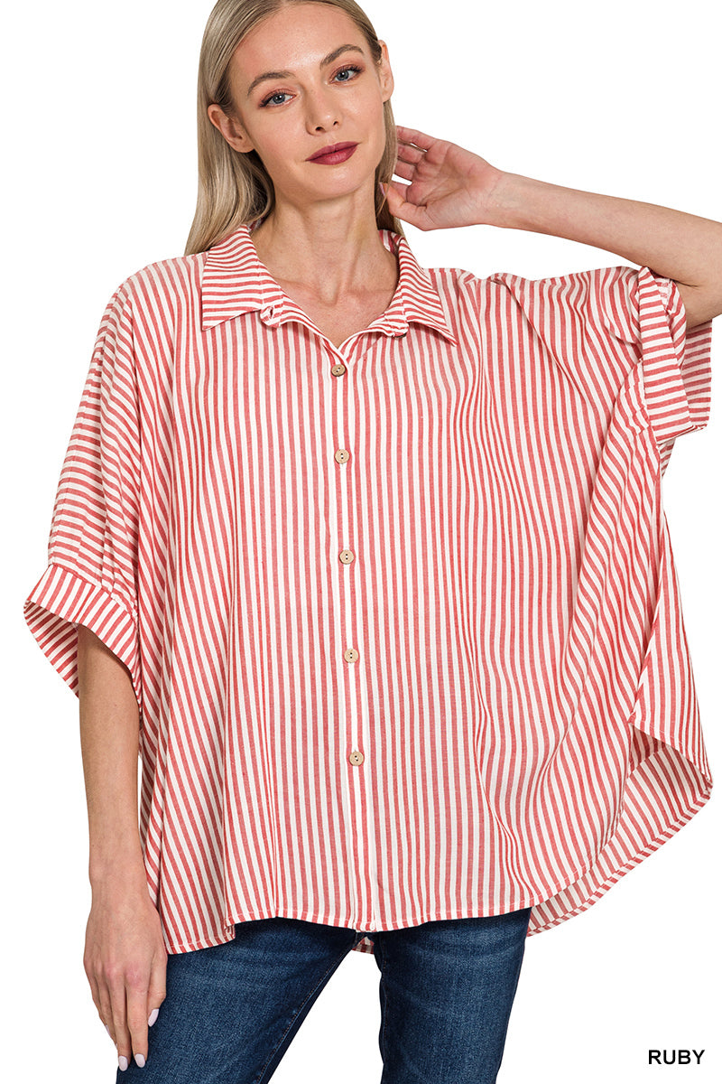 ZENANA STRIPED SHORT SLEEVE BUTTON UP SHIRT