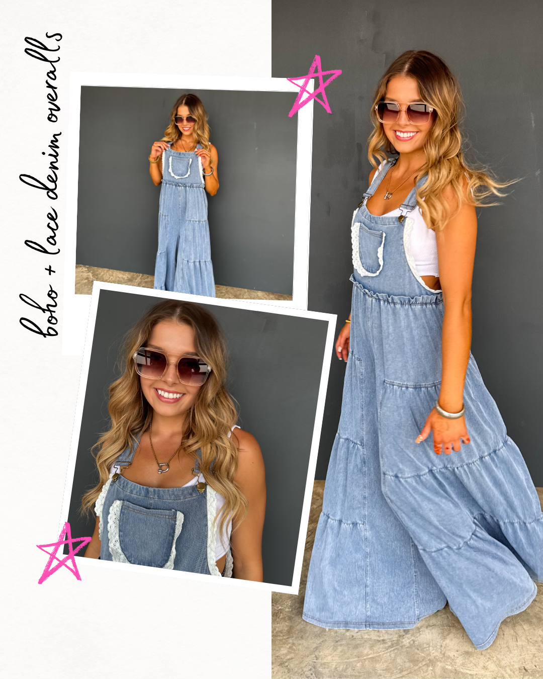 PREORDER- BOHO & LACE DENIM OVERALLS