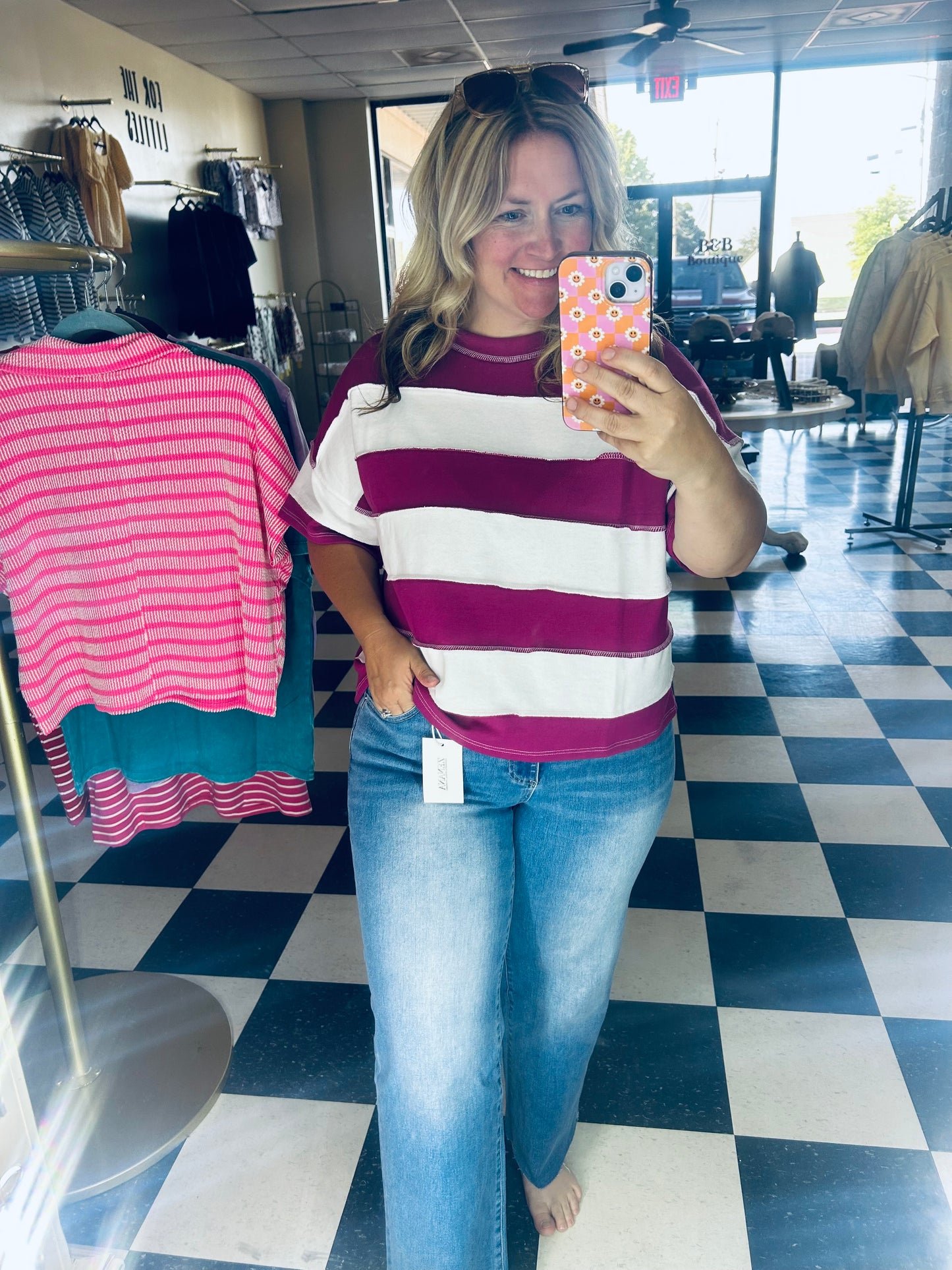 FRENCH TERRY STRIPED EXPOSED SEAM TOP