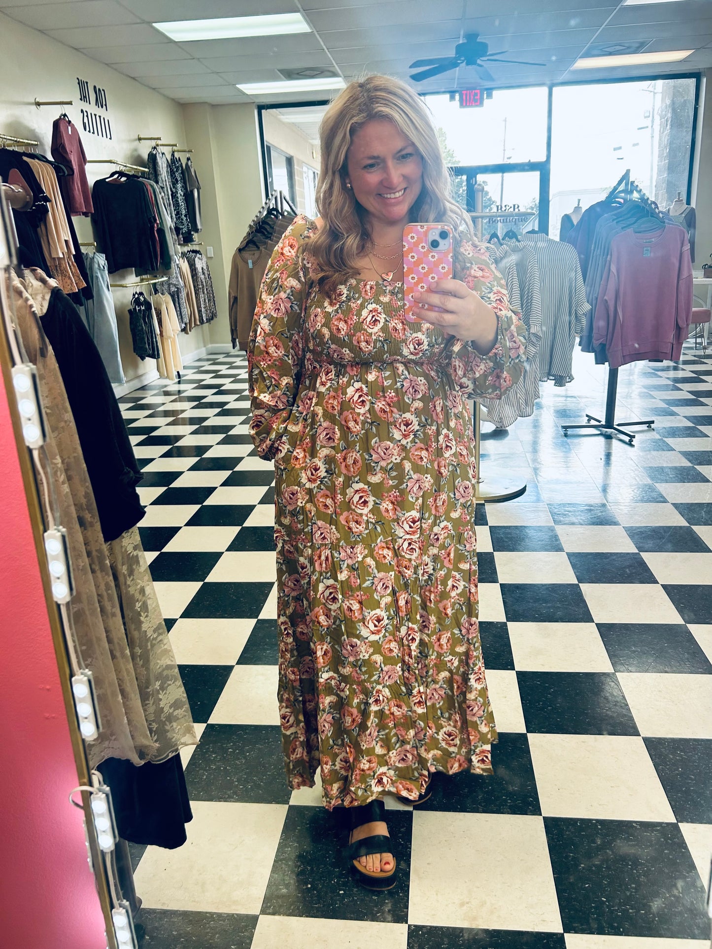 Olive Floral Smocked Maxi Dress