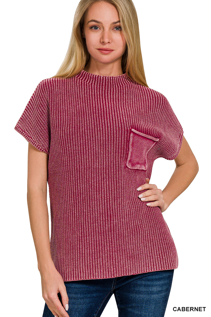 ZENANA WASHED MOCK NECK SHORT SLEEVE SWEATER