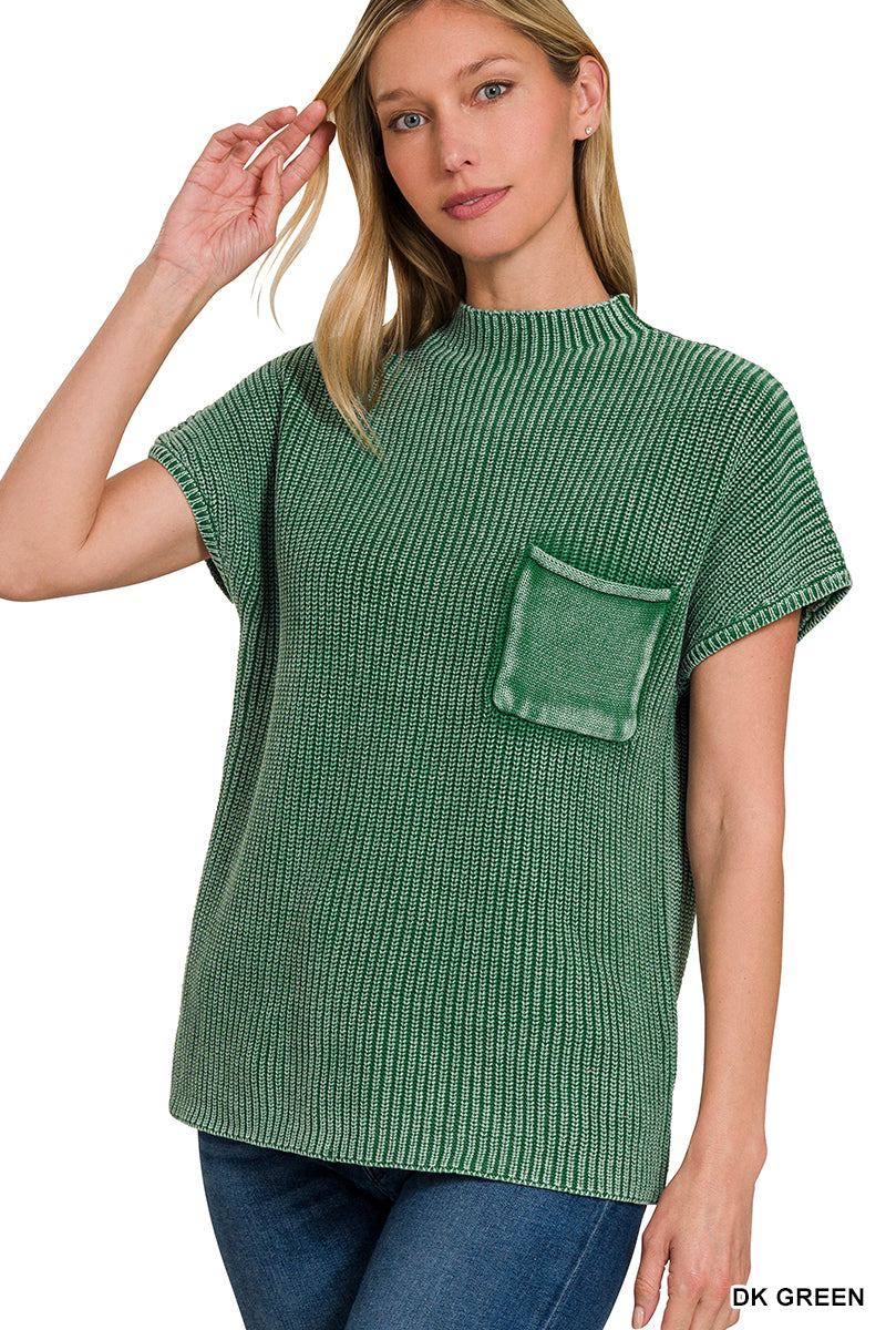 ZENANA WASHED MOCK NECK SHORT SLEEVE SWEATER