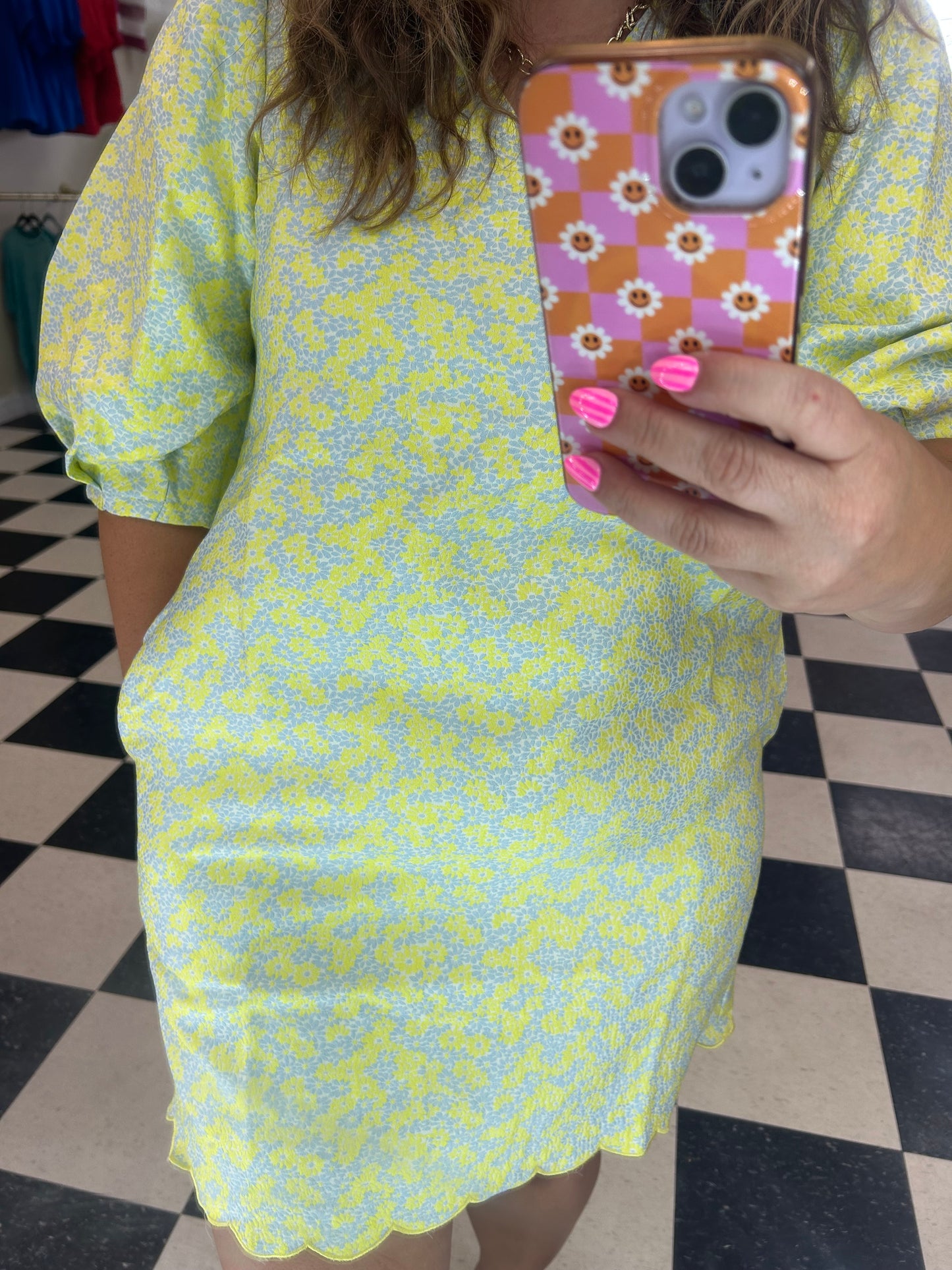 YELLOW AND GRAY FLORAL JACQUARD PUFF SLEEVE DRESS