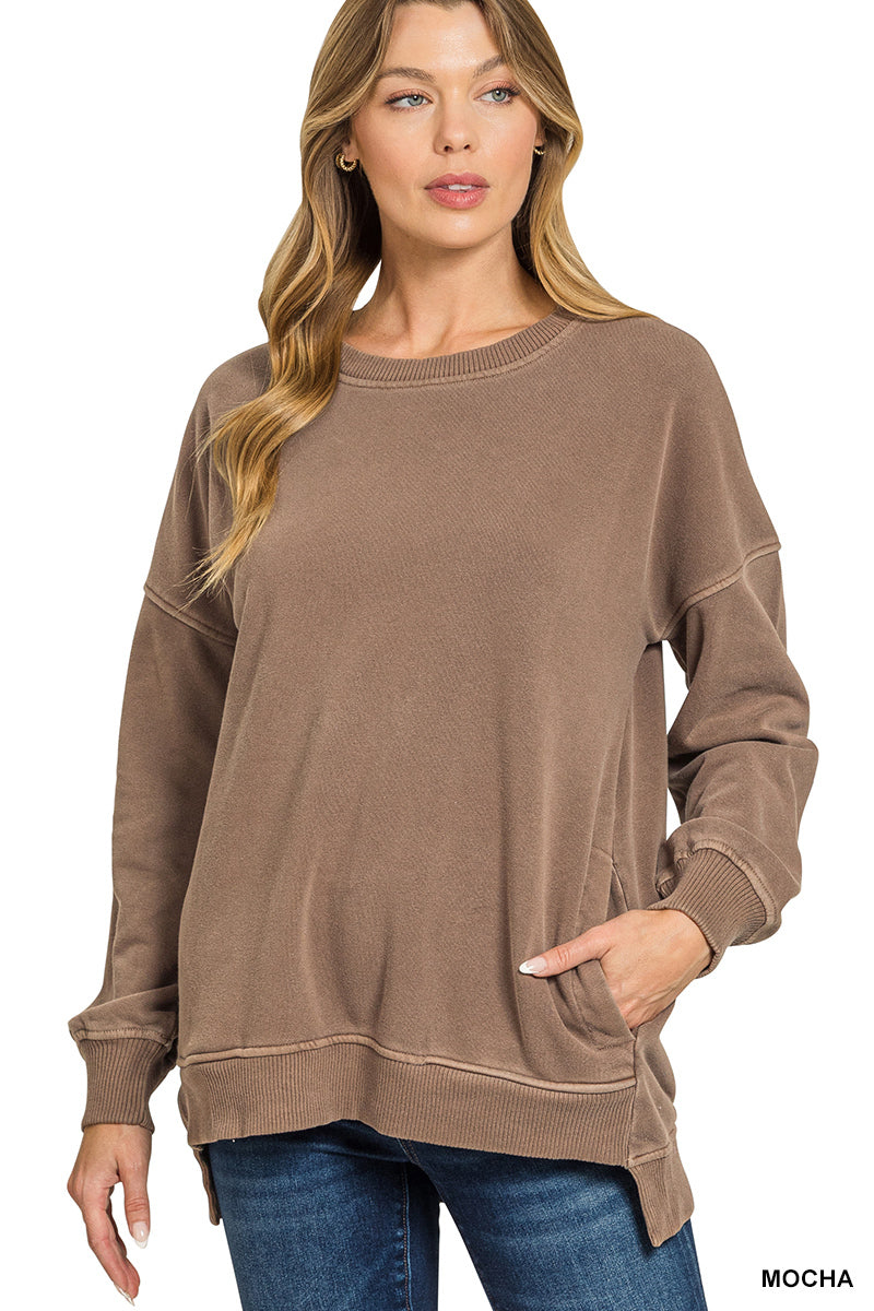 ZENANA PIGMENT DYE FLEECE HI-LOW HEM PULLOVER WITH POCKET