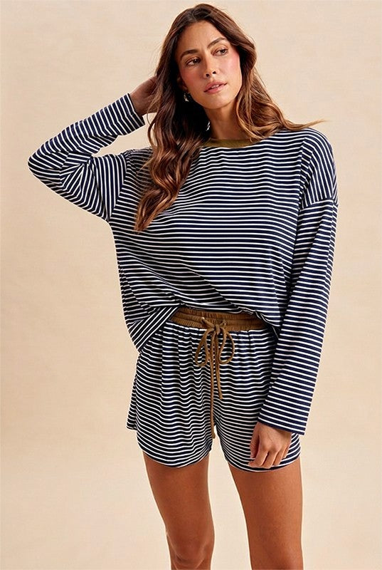 Anniewear Navy/Brown Striped Shorts Set