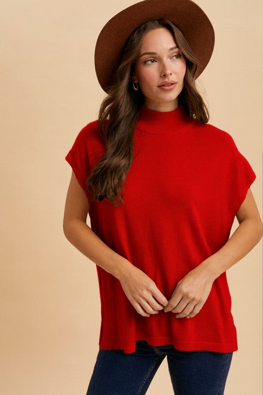 Red Mock Neck Sweater Top