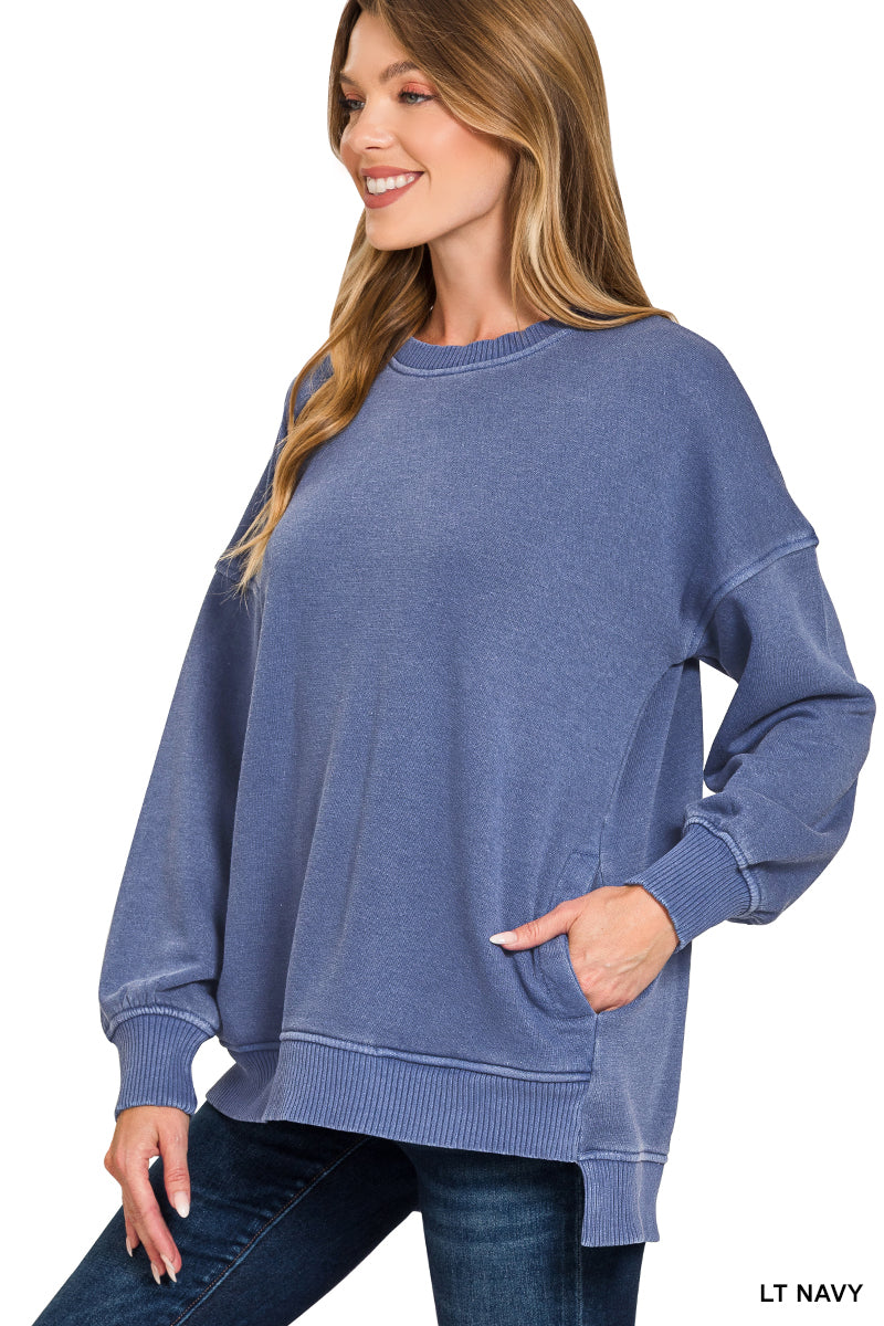 ZENANA PIGMENT DYE FLEECE HI-LOW HEM PULLOVER WITH POCKET
