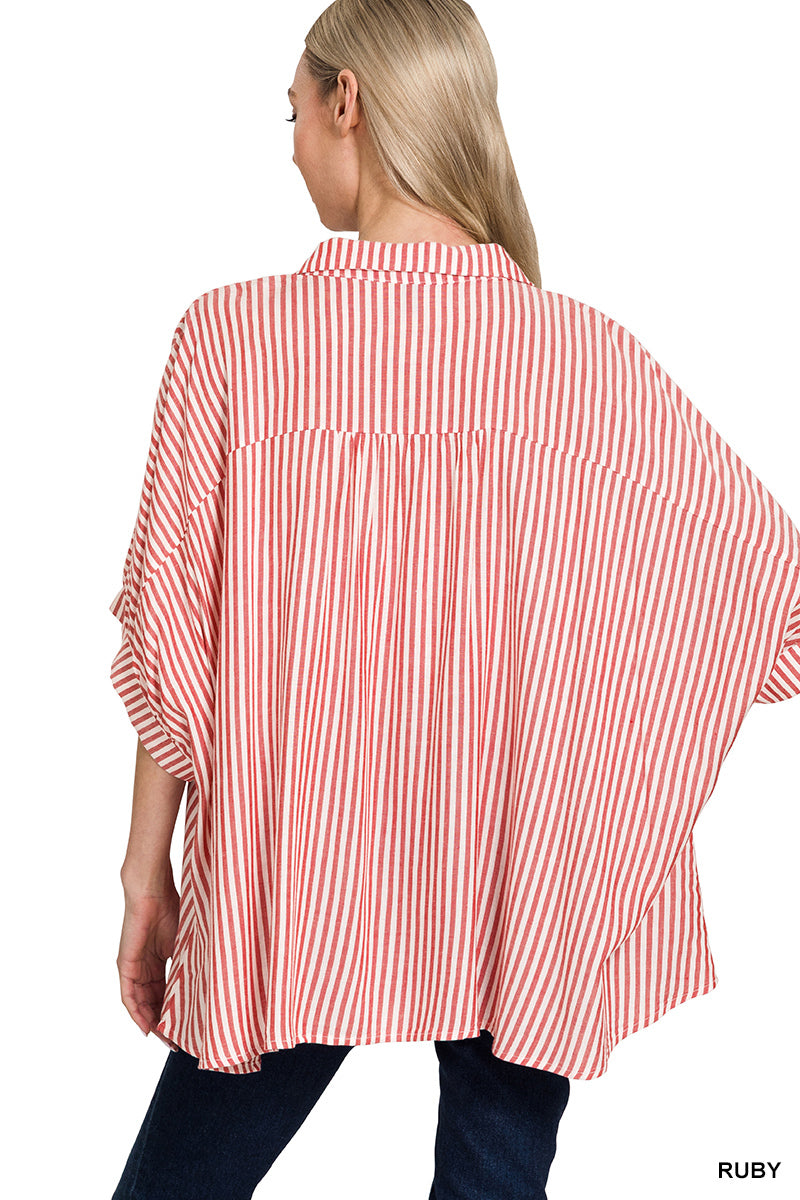 ZENANA STRIPED SHORT SLEEVE BUTTON UP SHIRT