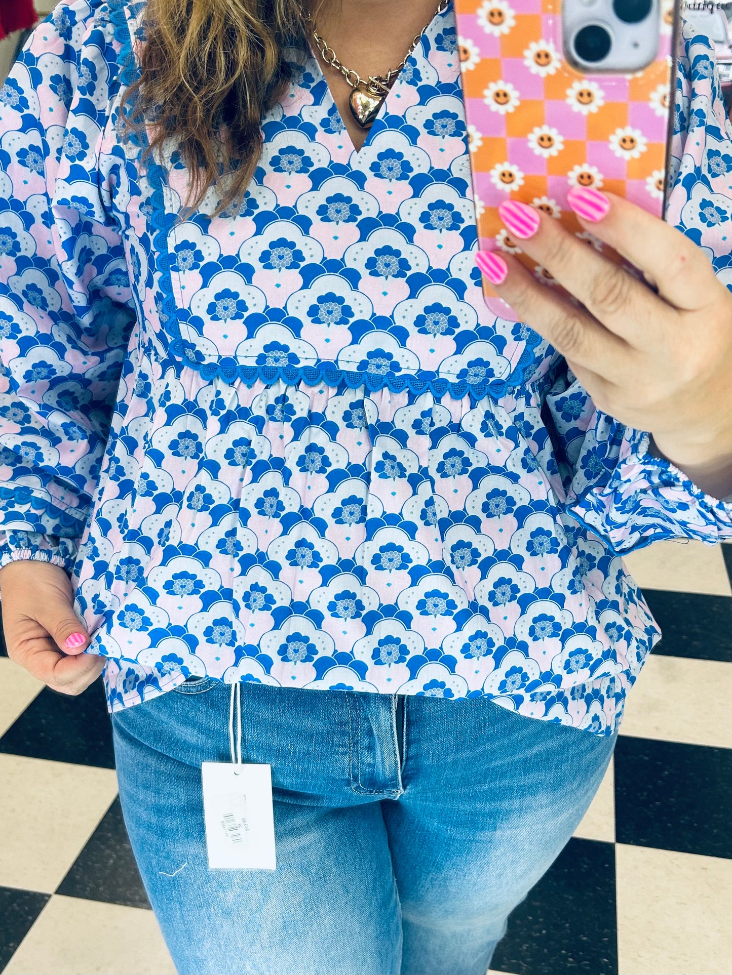FLORAL PRINT BALLOON SLEEVE V NECK BLOUSE