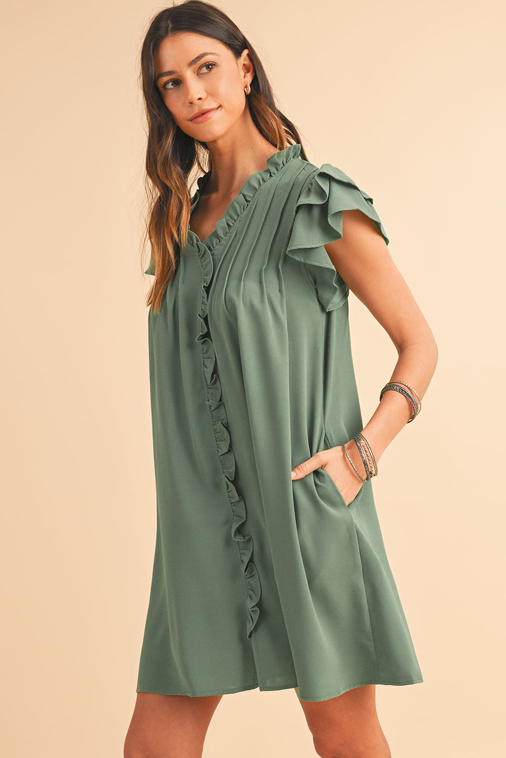 Mist Green Ruffle Trim Sleeve V Neck Pocketed Mini Dress