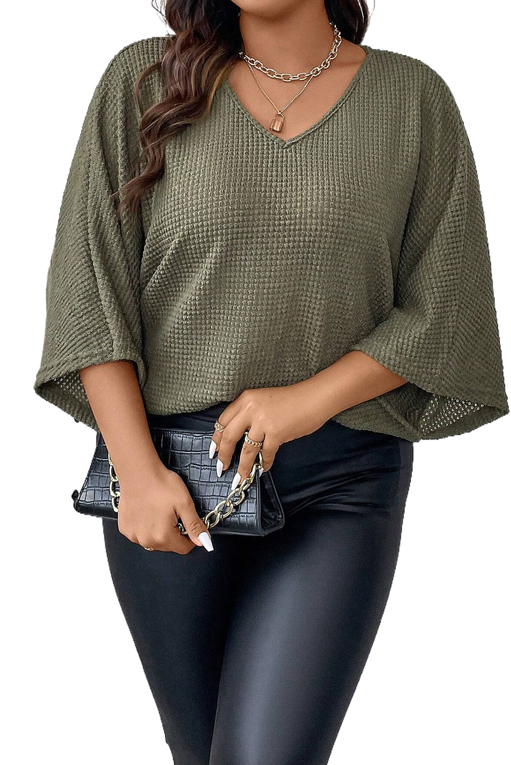 Jungle Green  V Neck Textured Knit Dolman Top