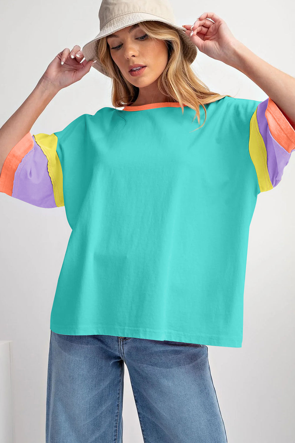 Pink Color Block Sleeve Round Neck Oversize Top-ETA Ship Date 5/23