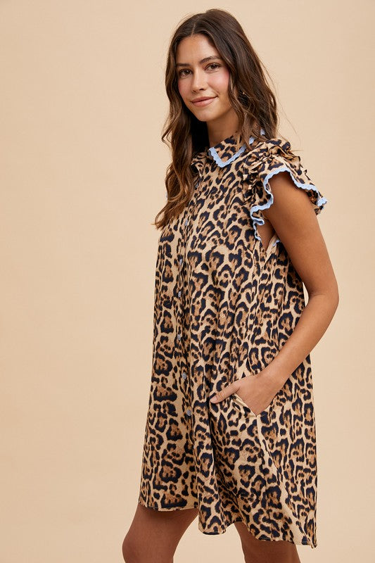 Leopard Print Ruffle Sleeve Button Down Dress