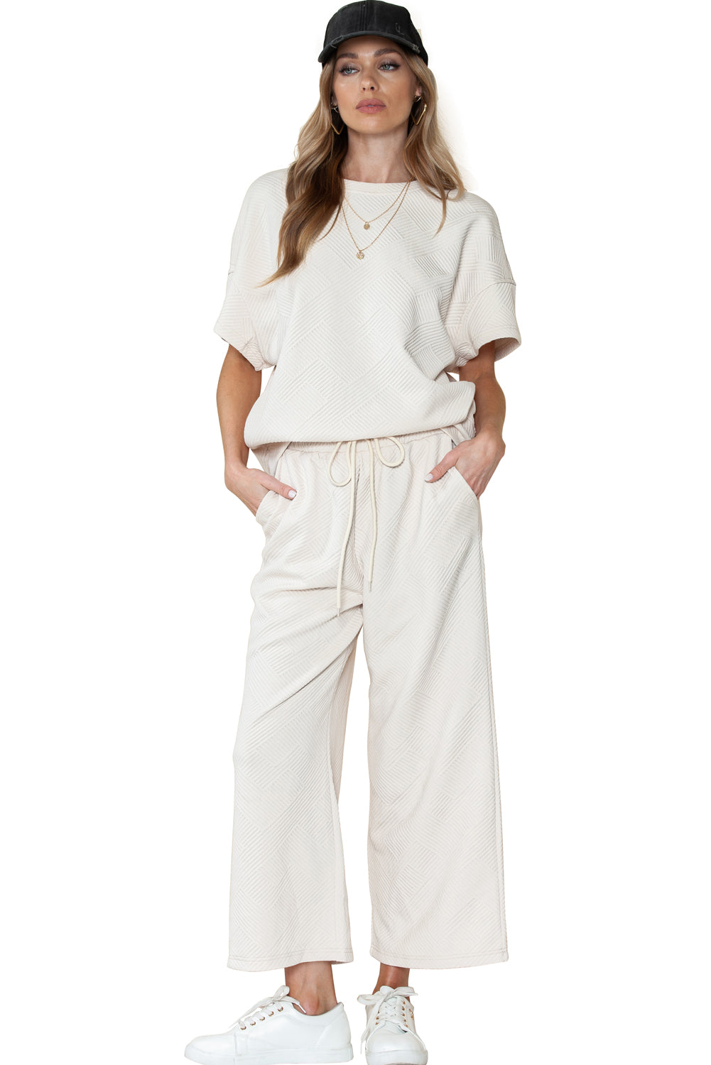 Textured Loose Fit T Shirt and Drawstring Pants Set