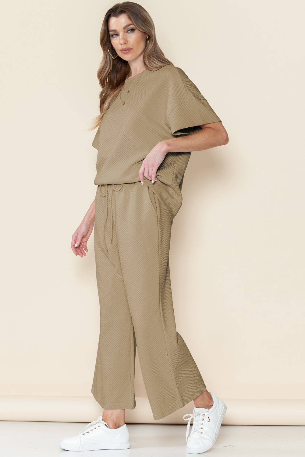 Textured Loose Fit T Shirt and Drawstring Pants Set