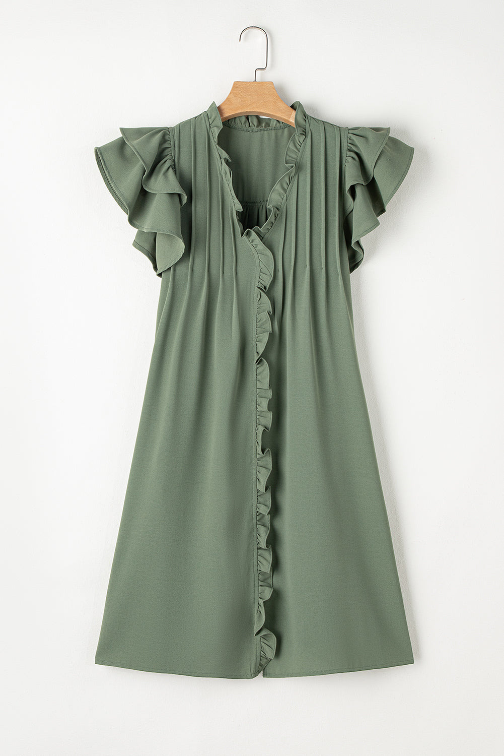 Mist Green Ruffle Trim Sleeve V Neck Pocketed Mini Dress