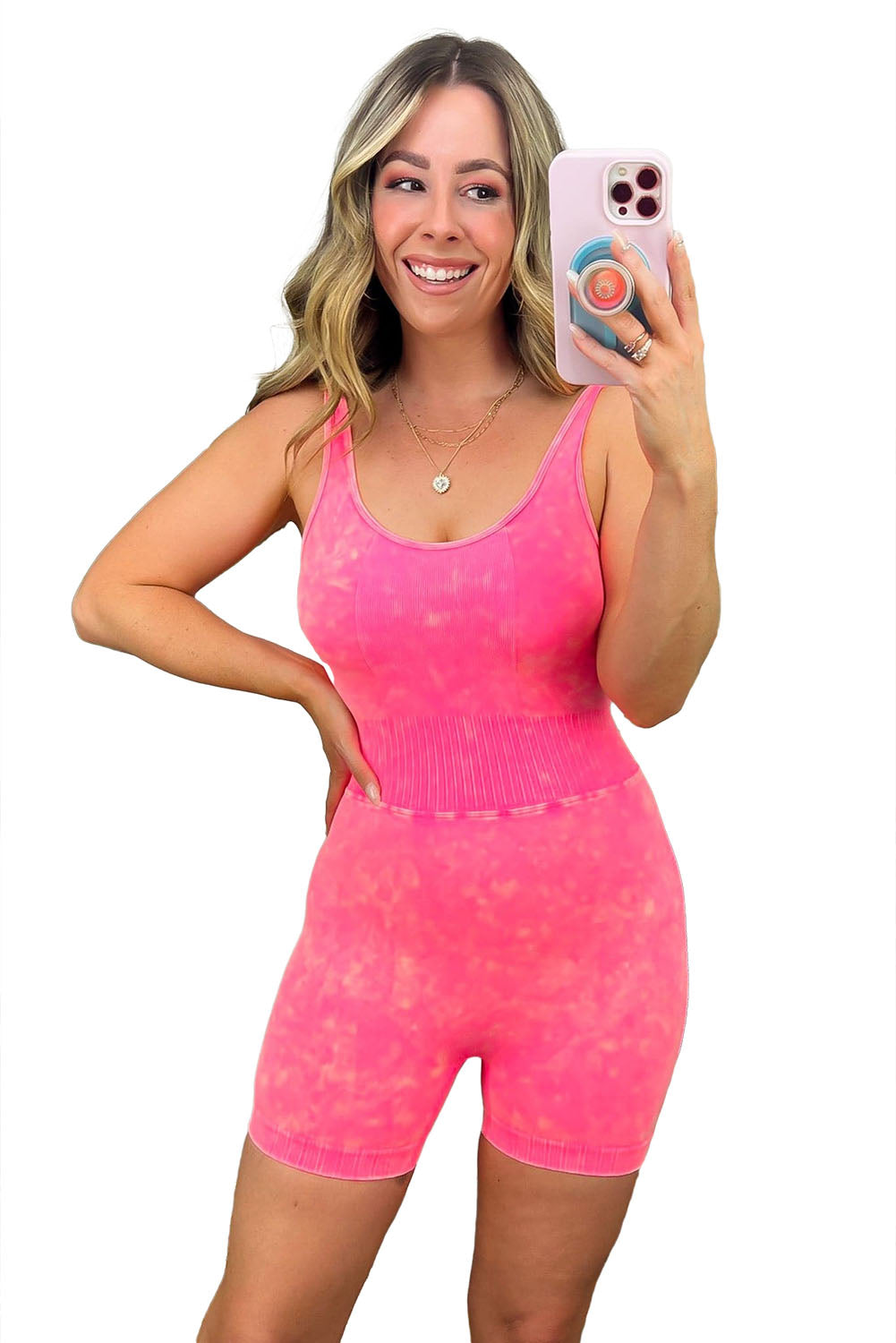 Strawberry Pink Mineral Wash Ribbed High Waist Athleisure Romper