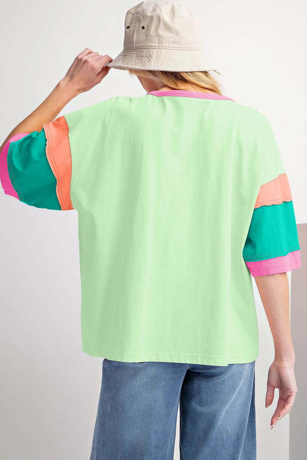 Pink Color Block Sleeve Round Neck Oversize Top-ETA Ship Date 5/23