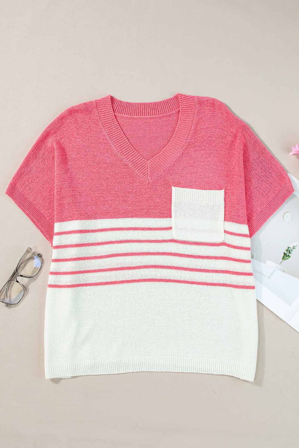 Strawberry Pink Striped Colorblock V Neck Knitted T Shirt