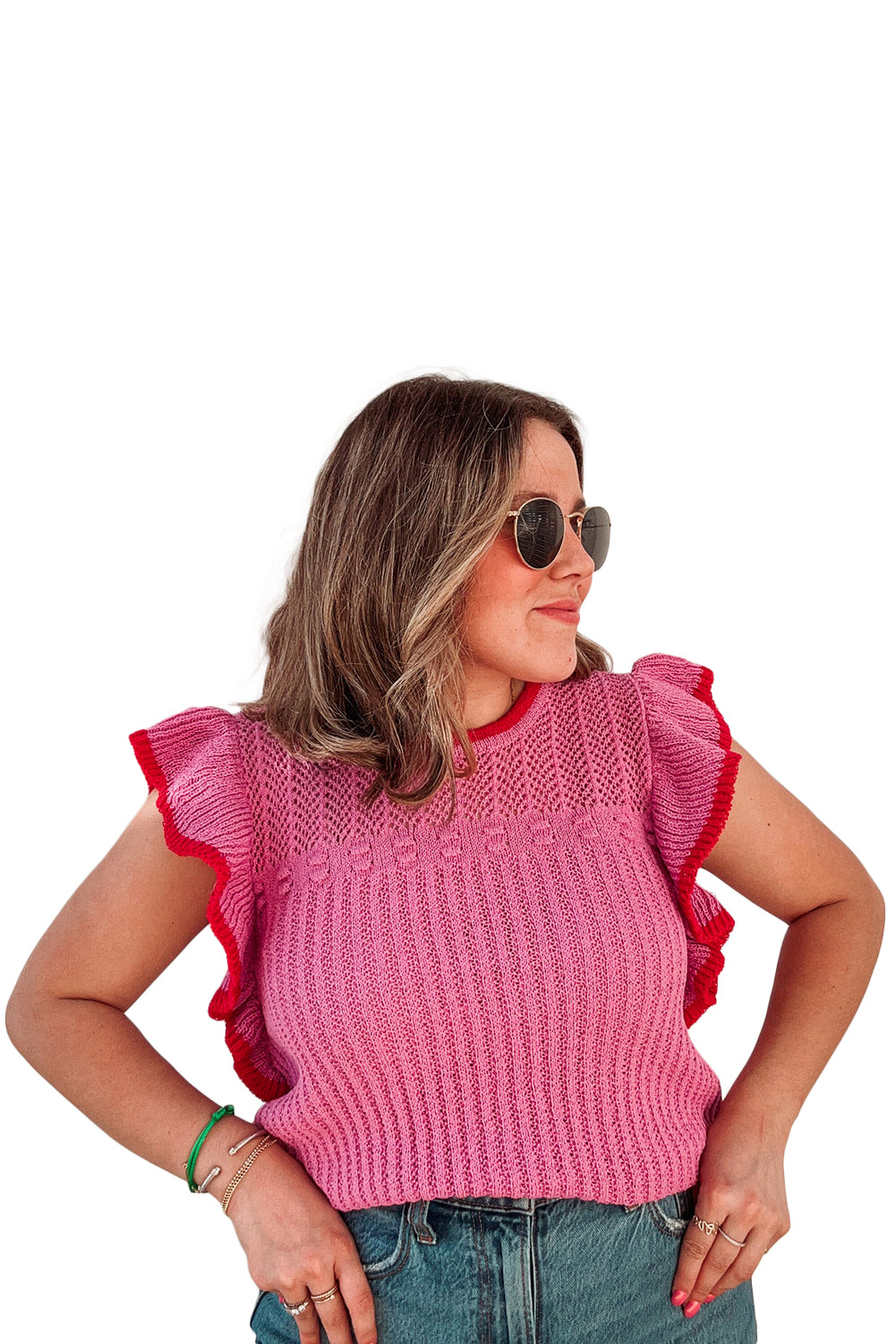 Rose Red Ruffle Contrast Trim Plus Size Knitted Top