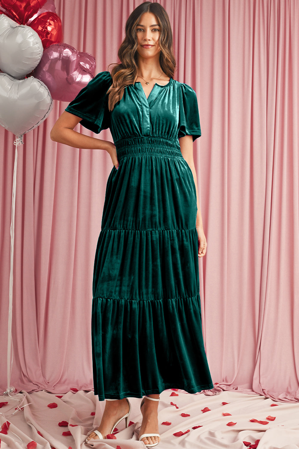 Evergreen Velvet Puff Short Sleeve Smocked Waist Tiered Maxi Dress