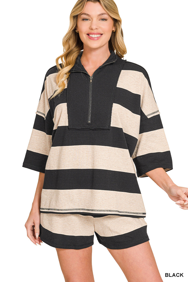 ZENANA TERRY STRIPED HALF ZIP HIGH NECK TOP & SHORTS SET