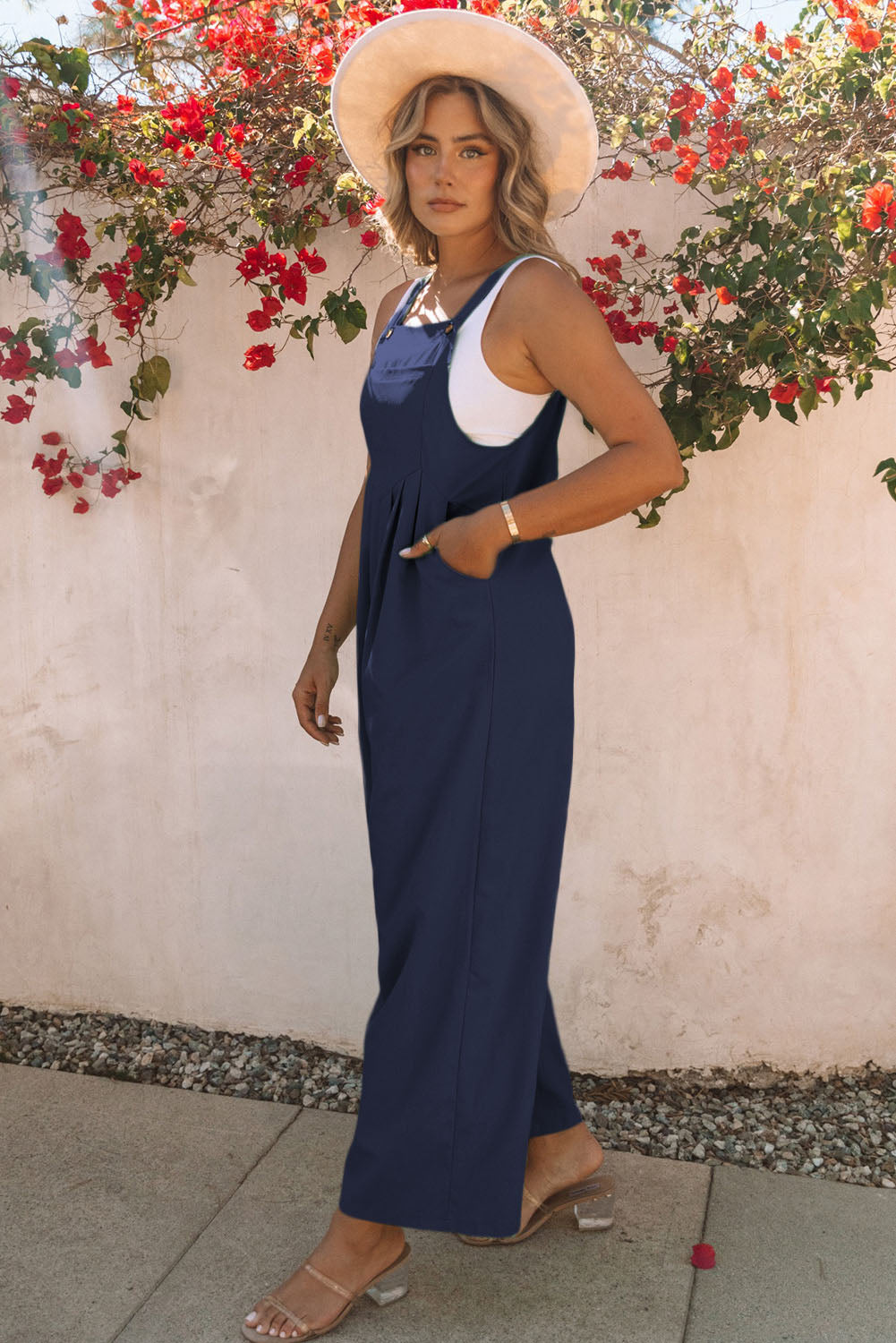 Dark Blue Sleeveless Pleated Wide Leg Jumpsuit