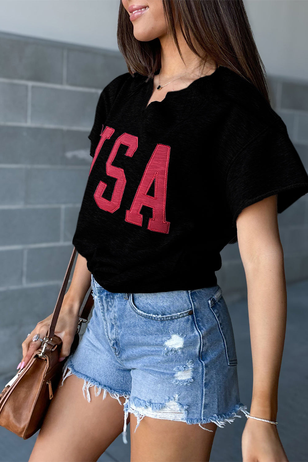 Light Grey USA Letter Patch Notched Neck Loose Tee