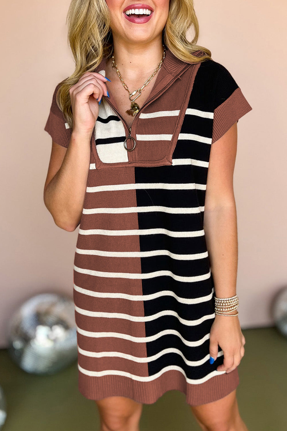 Striped Color Block Short Sleeve Quarter Zip Mini Dress