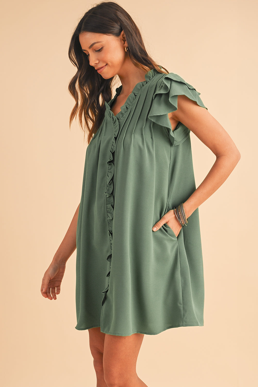 Mist Green Ruffle Trim Sleeve V Neck Pocketed Mini Dress