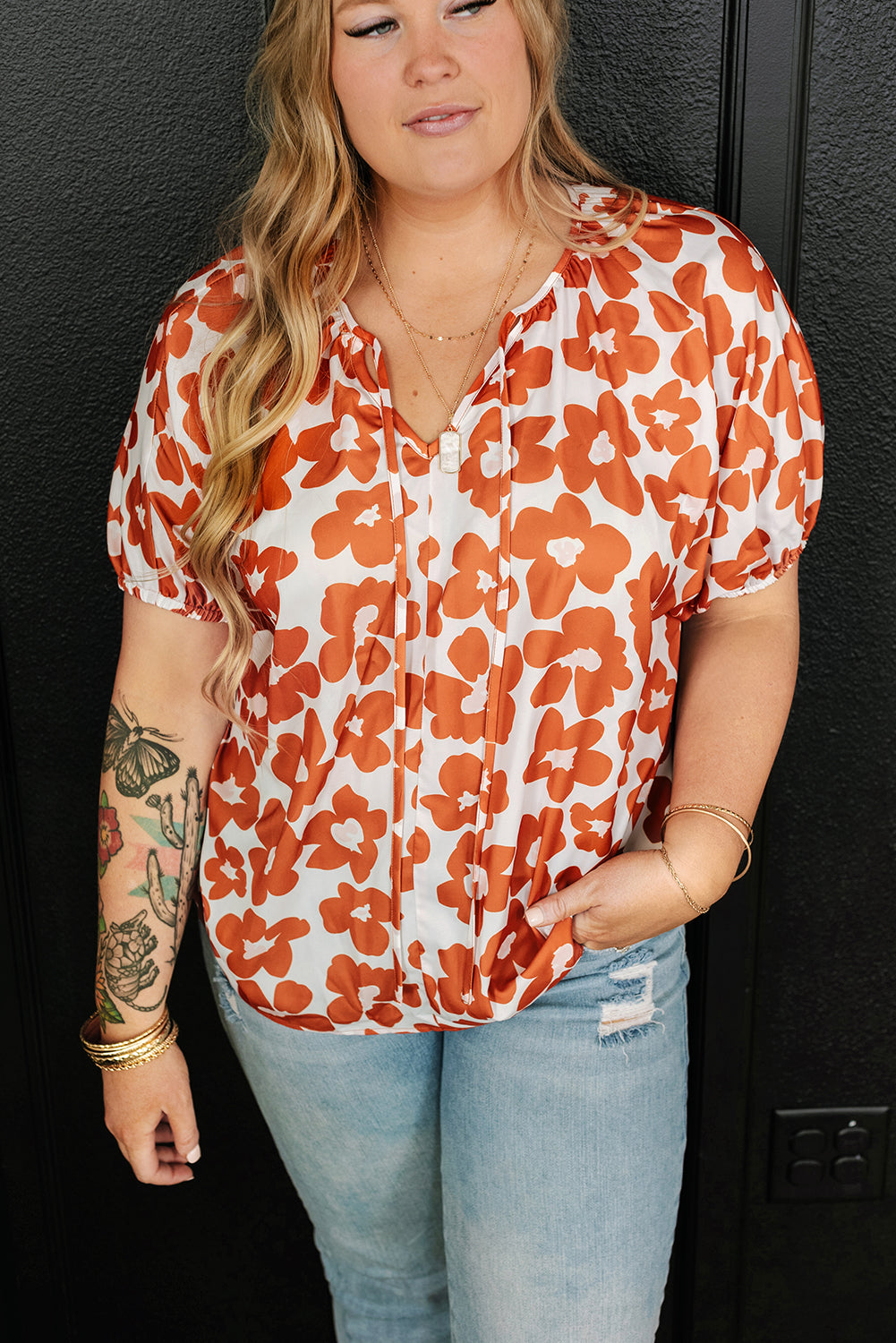 Orange Floral Print Drawstring V Neck Short Sleeve Blouse