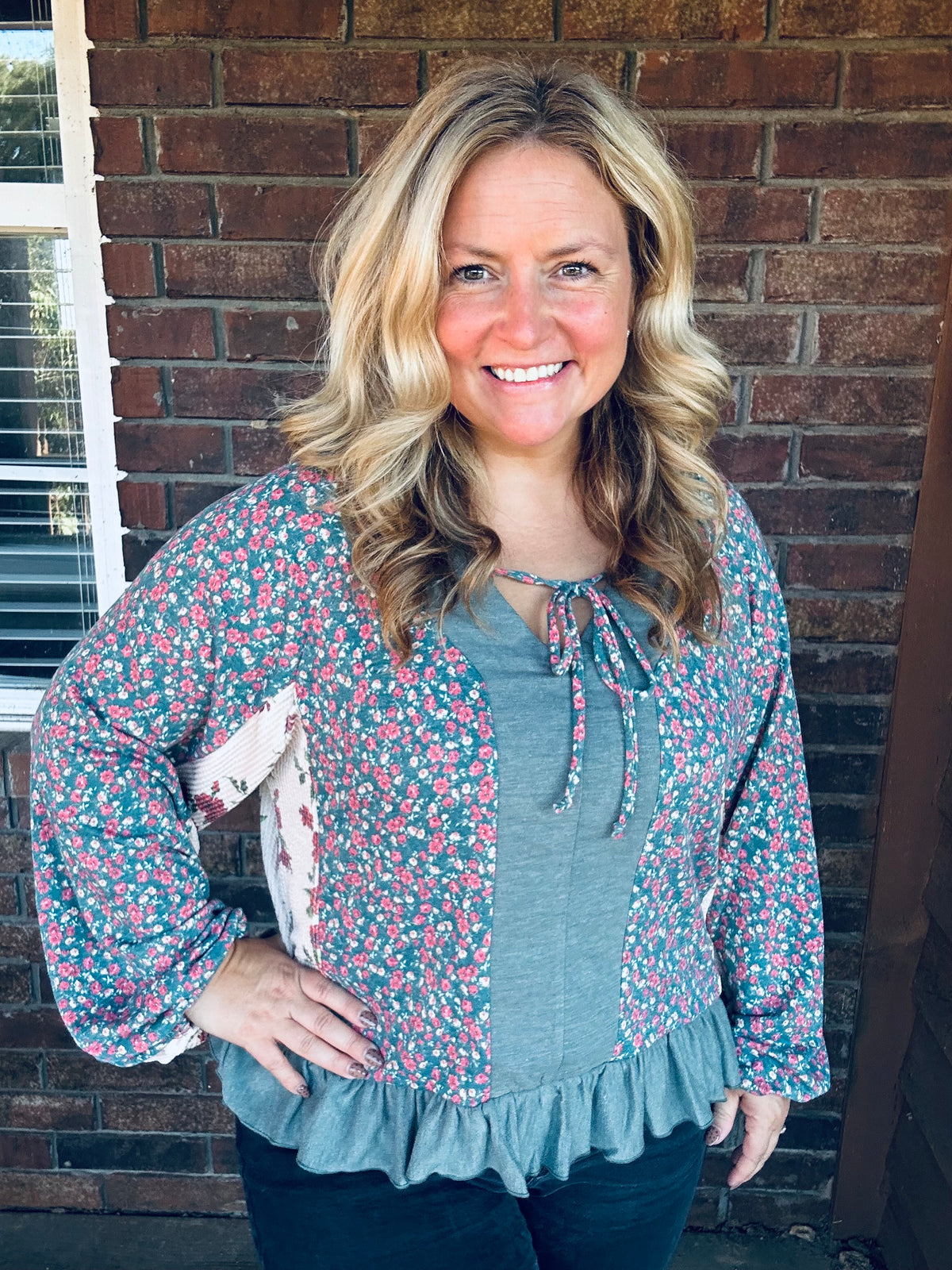Floral Olive Patchwork Top