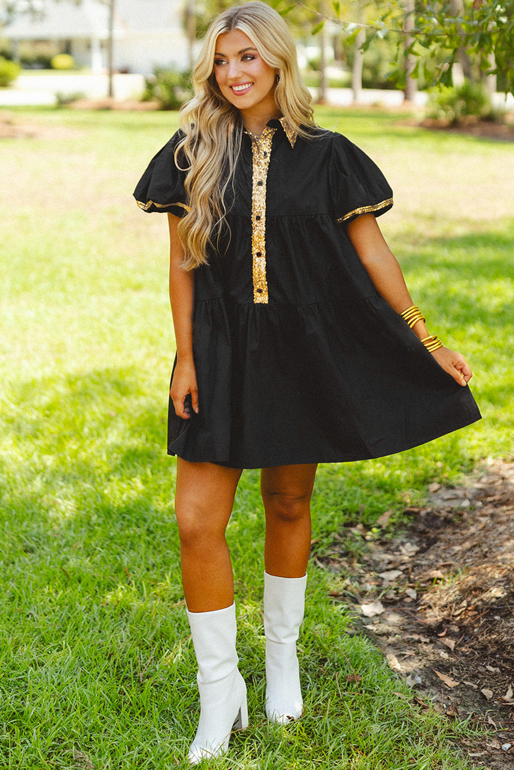 Black Sequin Trim Bubble Sleeve Tiered Mini Dress