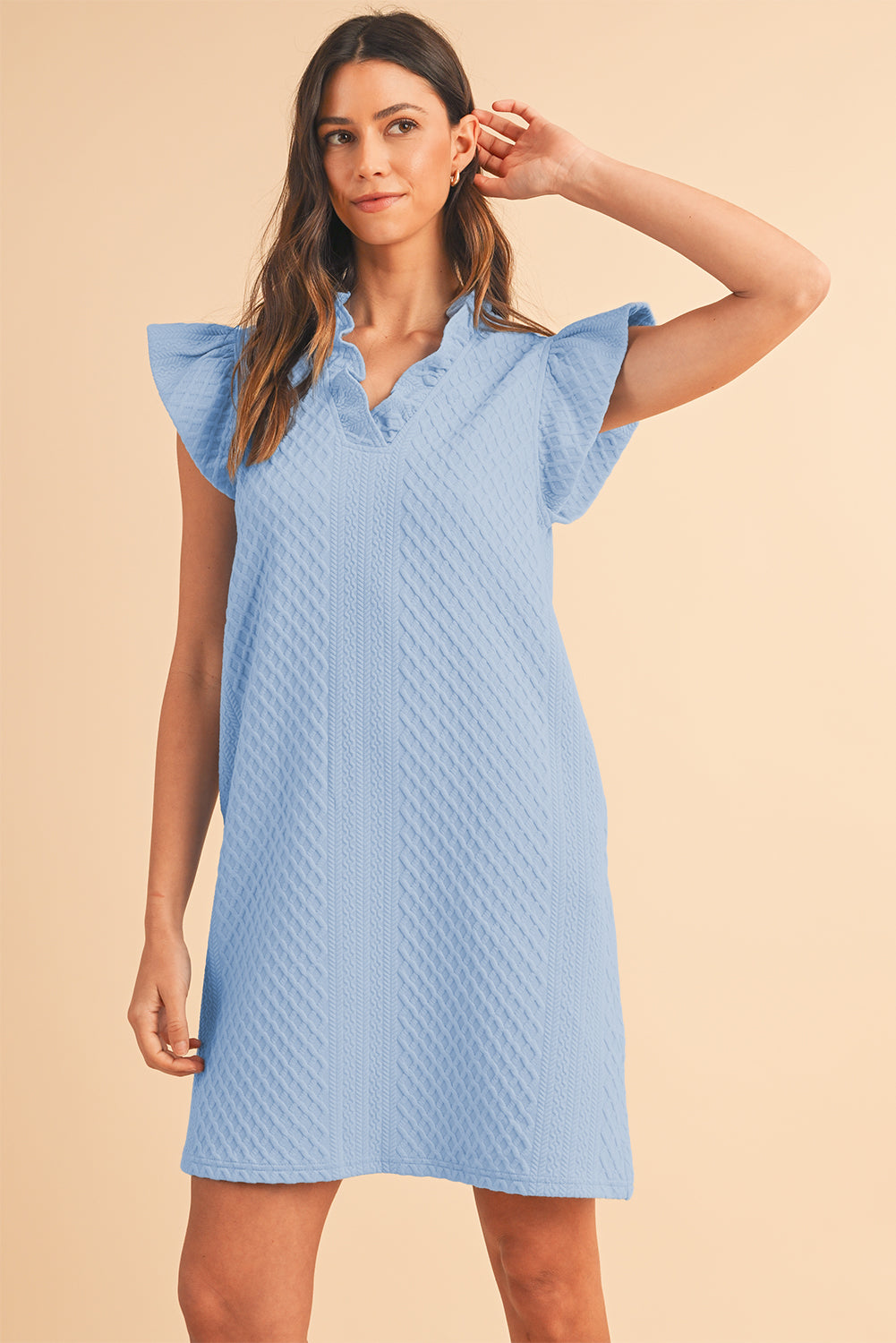 Light Blue Textured Puff Sleeve Ruffled V Neck Mini Dress