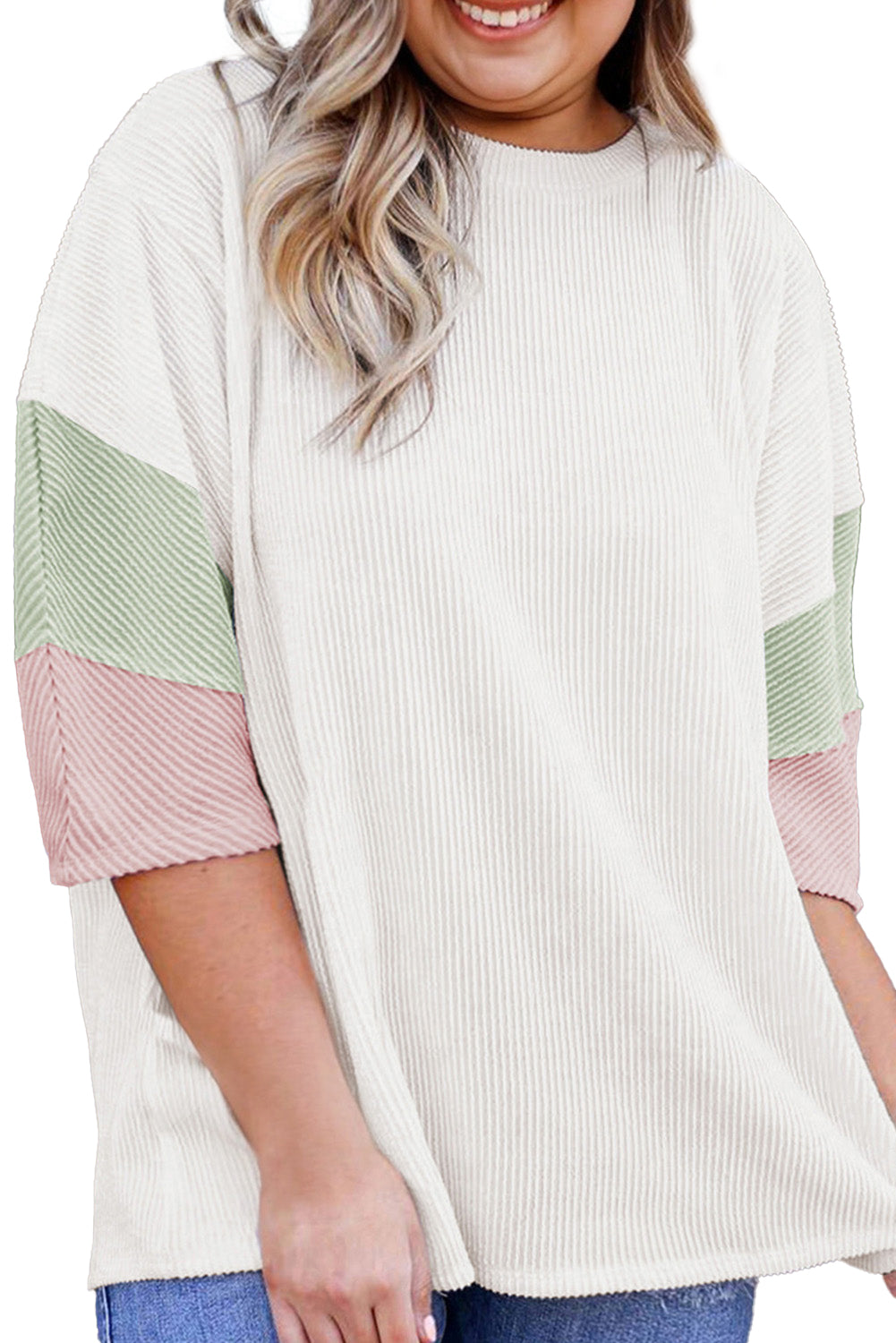 White Textured Colorblock Patchwork Half Sleeve Plus T Shirt