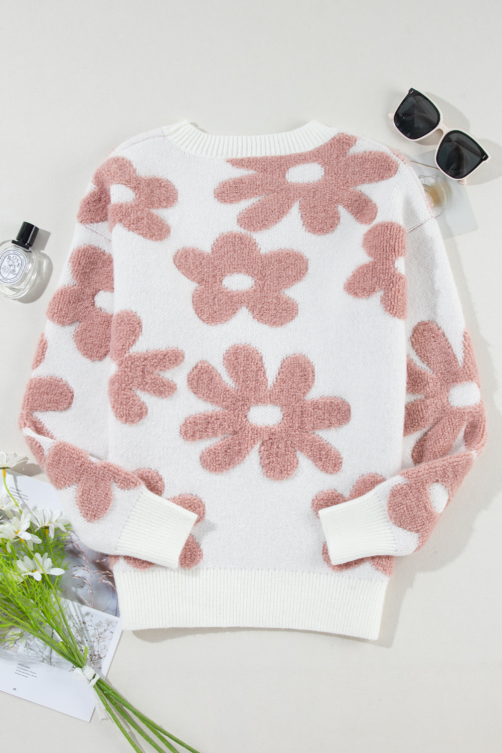 Vintage Flower Drop Shoulder Loose Sweater