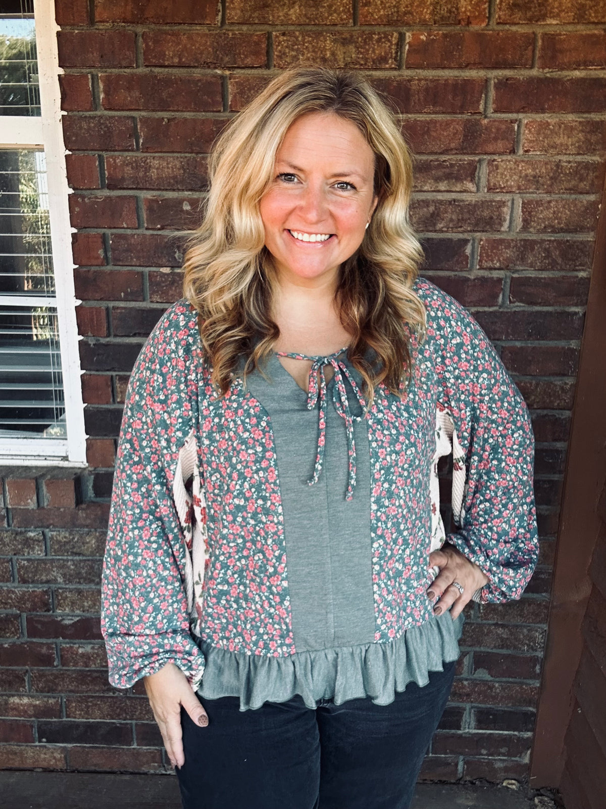 Floral Olive Patchwork Top