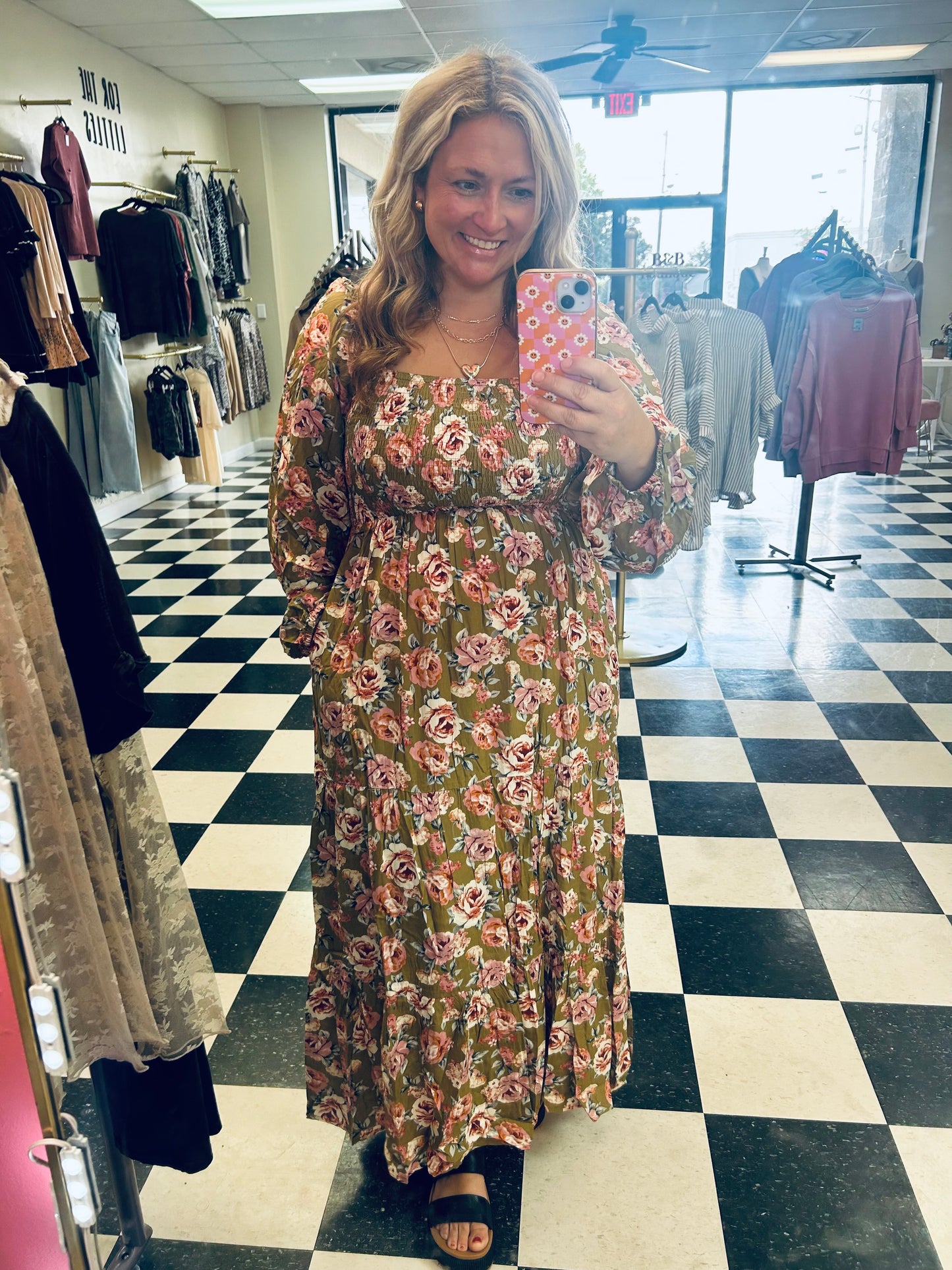 Olive Floral Smocked Maxi Dress